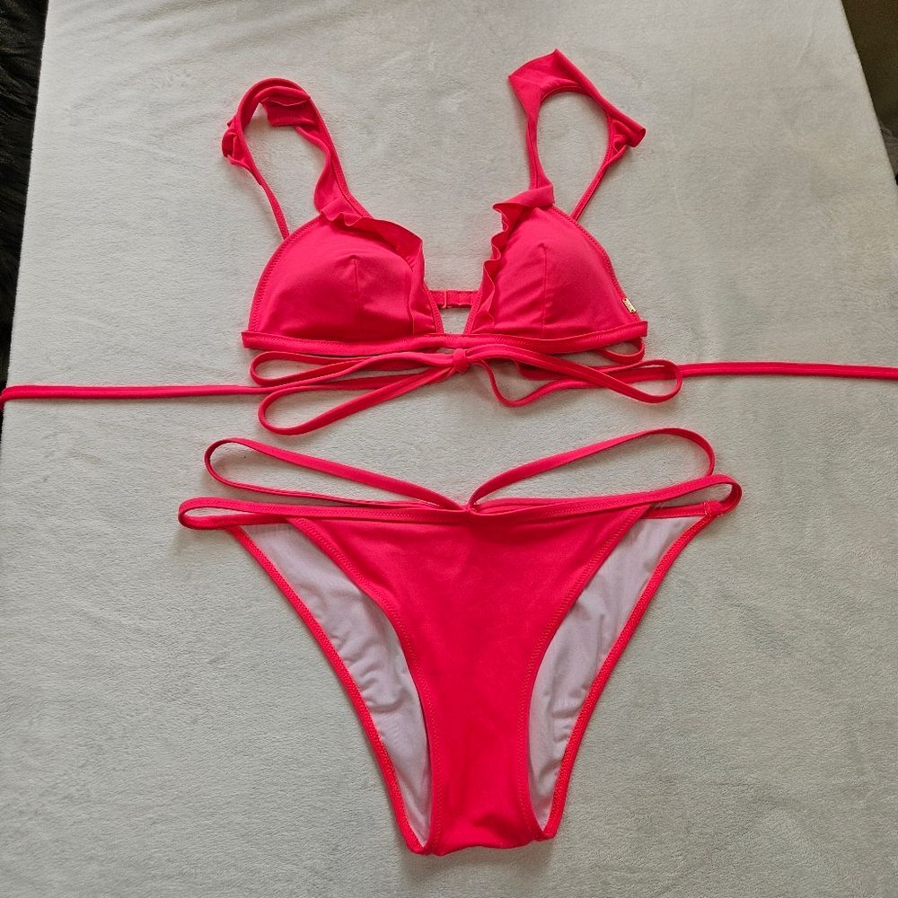 PINK Victorias Secret Vibrant Neon Orange Bikini Set Top Sz M Bottom Sz L